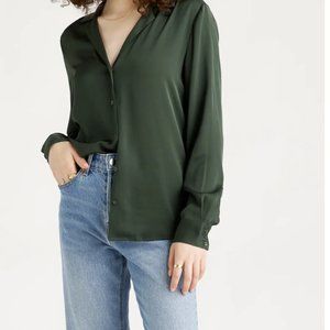Forest Green XS Washable Stretch Silk Notch Collar Blouse Quince